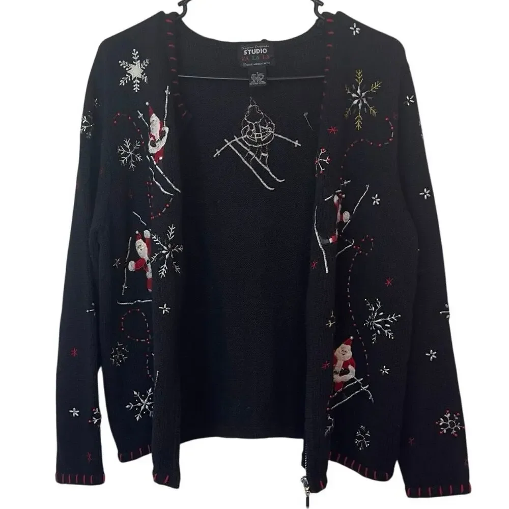 VTG Designers Originals Studio Fa La La Christmas Zip Up Cardigan Sweater Size L - Picture 3 of 13